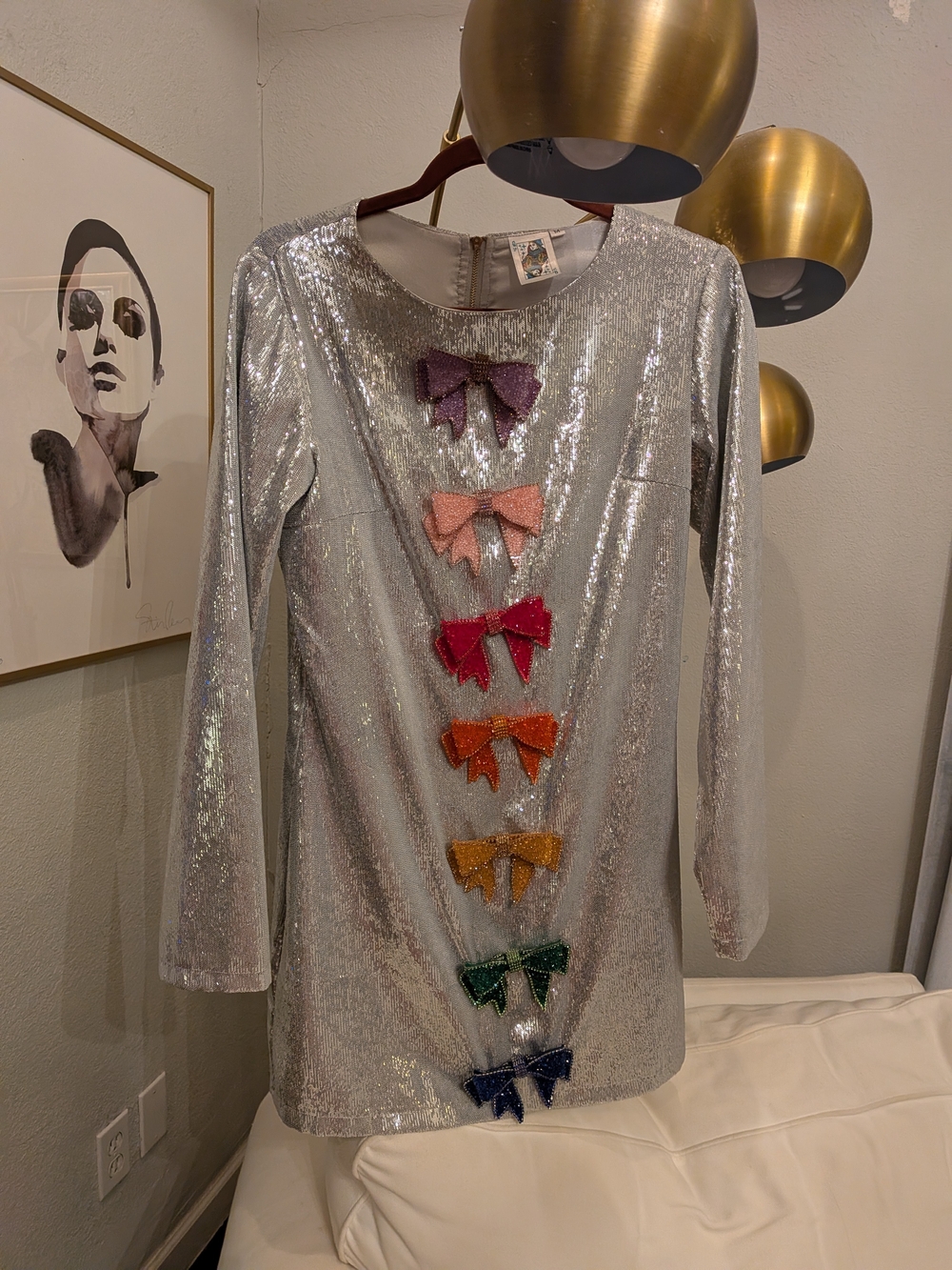 QUEEN OF SPARKLES Silver Sequin Dress with Multi-Colored Bows